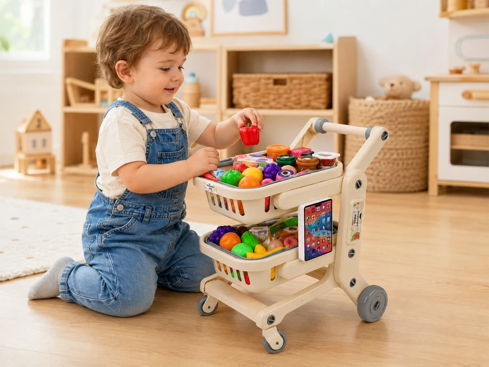 Jokomisiada 2-in-1 Kids’ Shopping Cart with Interactive Planšetė, Baskets and Play Food ZA6346