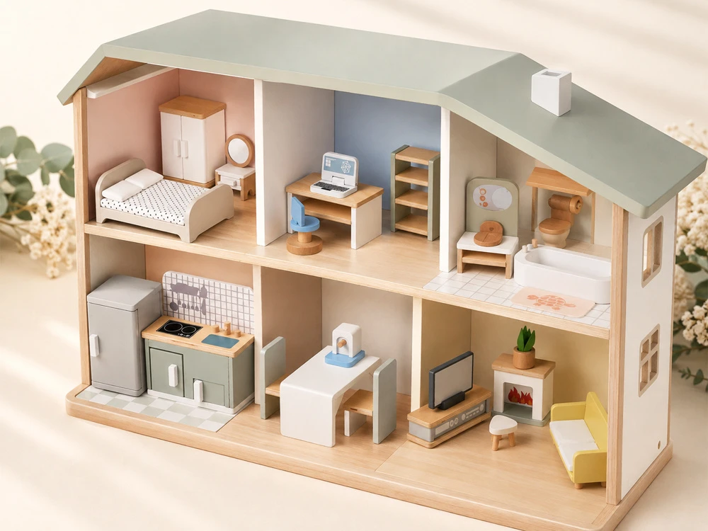 Jokomisiada 28-Piece Wooden Dollhouse Furniture Set – Kitchen, Living Room, Bedroom and Bathroom ZA660