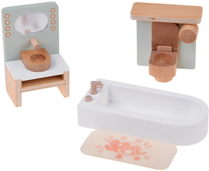 Jokomisiada 28-Piece Wooden Dollhouse Furniture Set – Kitchen, Living Room, Bedroom and Bathroom ZA660