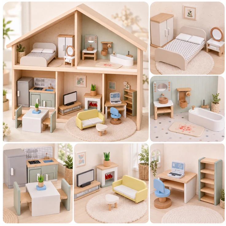 Jokomisiada 28-Piece Wooden Dollhouse Furniture Set – Kitchen, Living Room, Bedroom and Bathroom ZA660