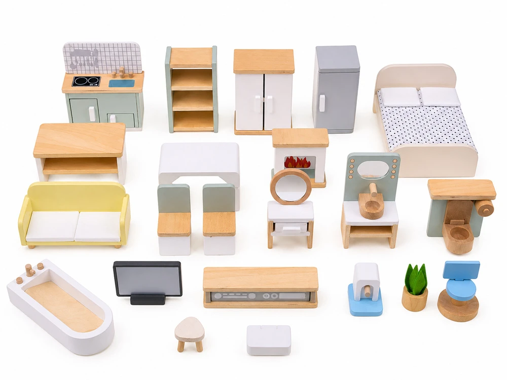 Jokomisiada 28-Piece Wooden Dollhouse Furniture Set – Kitchen, Living Room, Bedroom and Bathroom ZA660