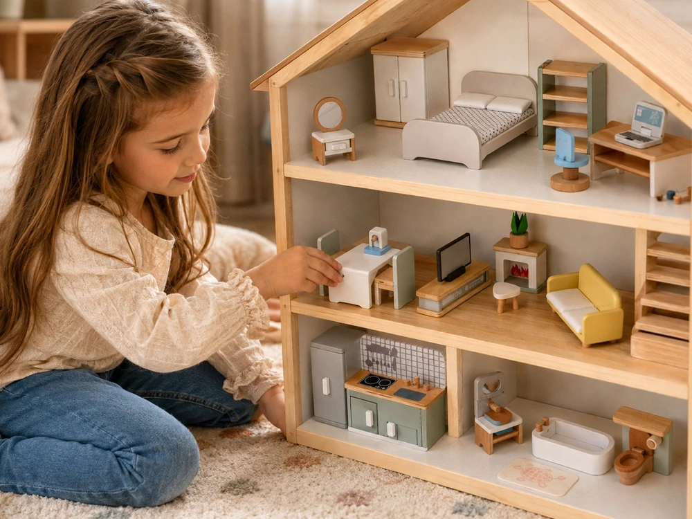 Jokomisiada 28-Piece Wooden Dollhouse Furniture Set – Kitchen, Living Room, Bedroom and Bathroom ZA660