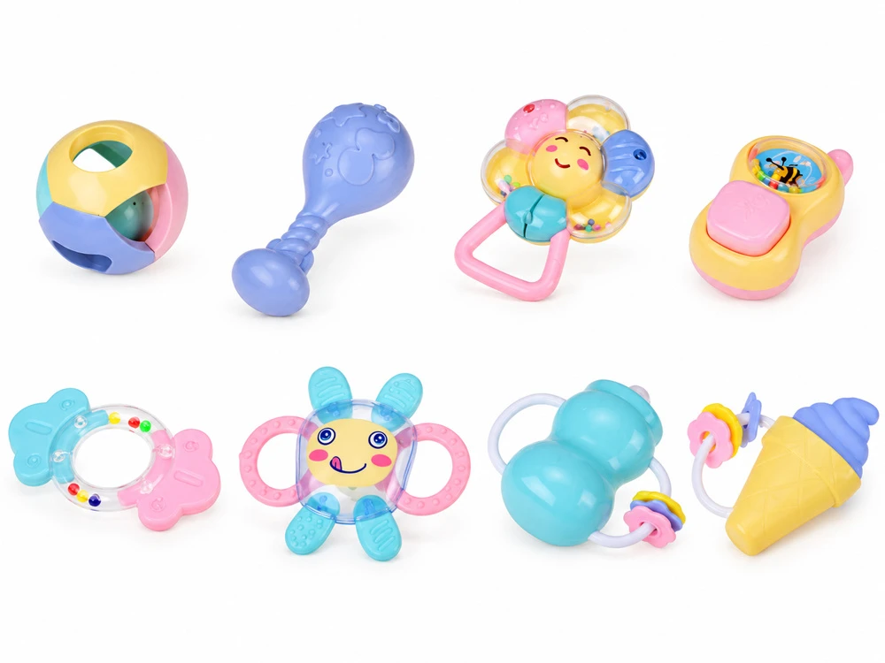 Jokomisiada 2in1 rattle and teether - large set of 8 pcs. PASTEL for toddlers ZA6627