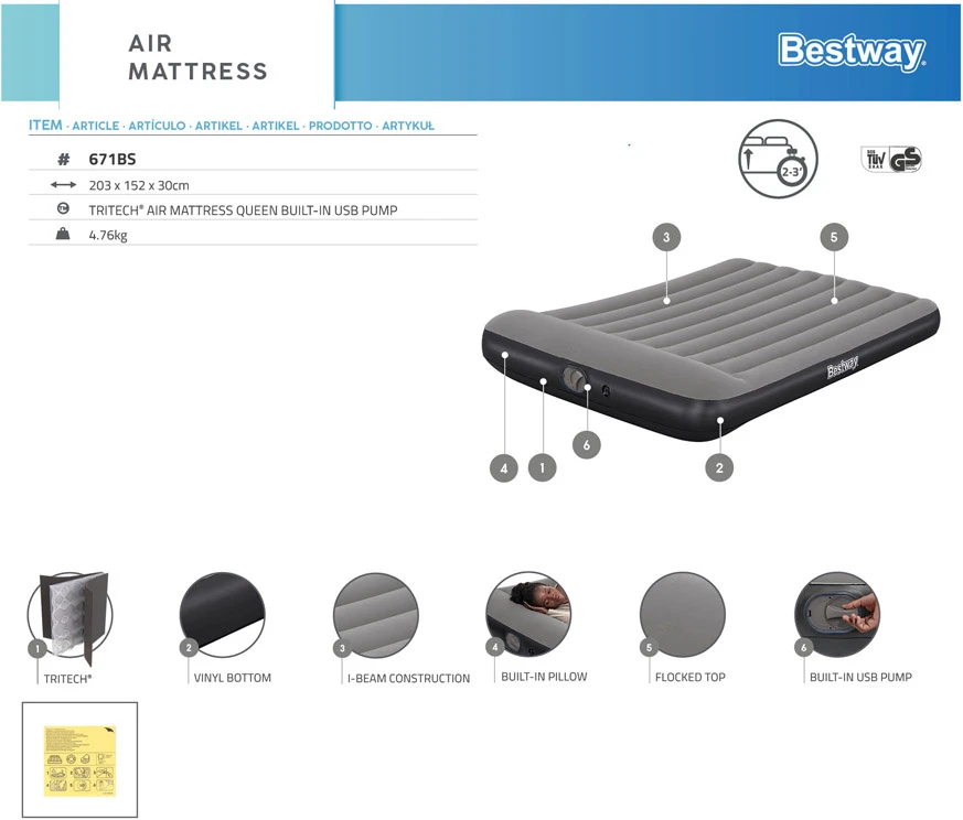 Pripučiamas čiužinys Bestway 150 x 203 x 30 cm su USB pompa