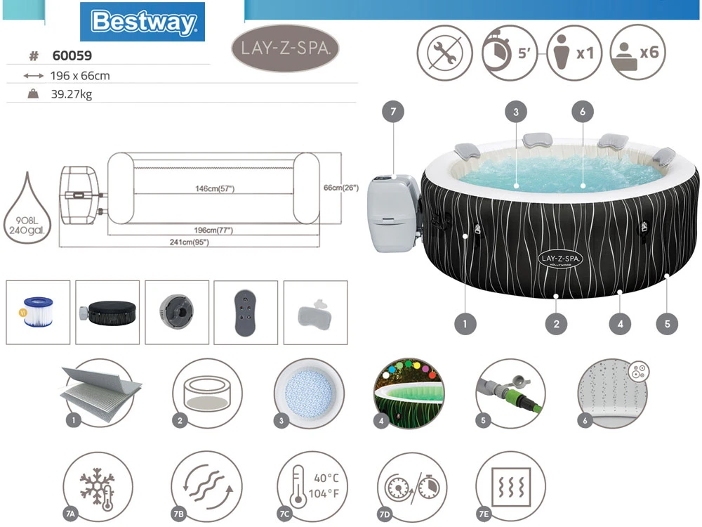 "Lay-Z-Spa" Holivudo sūkurinė vonia BESTWAY