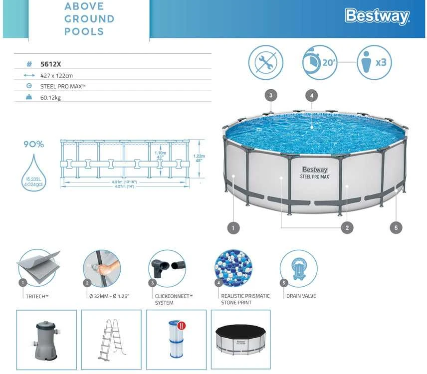 Rėminis baseinas 14 FT 427 x 122 cm STEEL PRO MAX BESTWAY