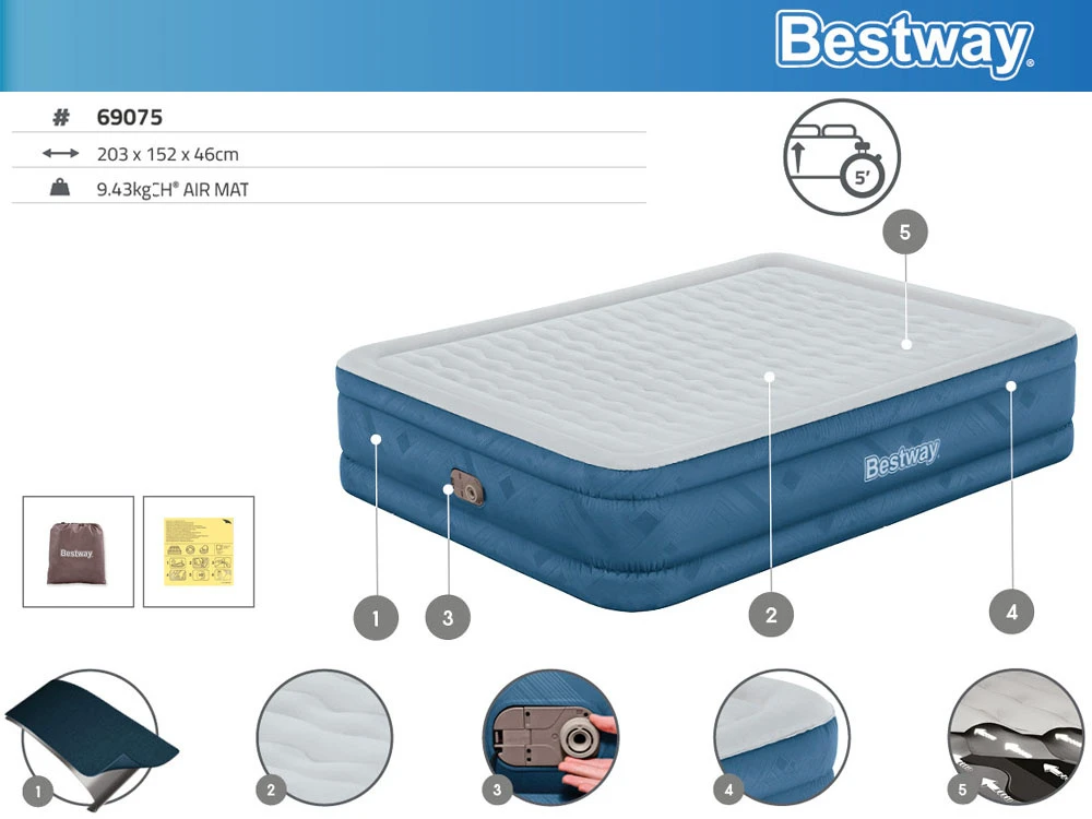 Bestway Savaime prisipučiantis turistinis čiužinys 2 asmenims 350 kg 203 x 152 cm 69075