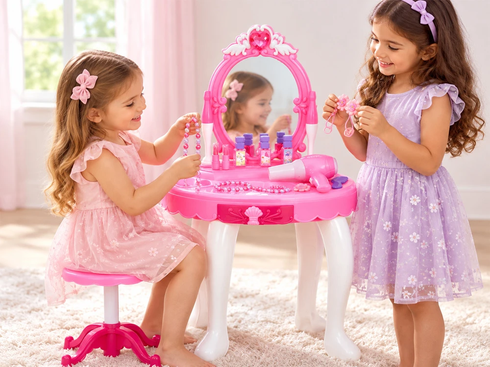 Jokomisiada Dressing table with LED mirror and chair + hairdryer, cosmetics, jewelry ZA6594