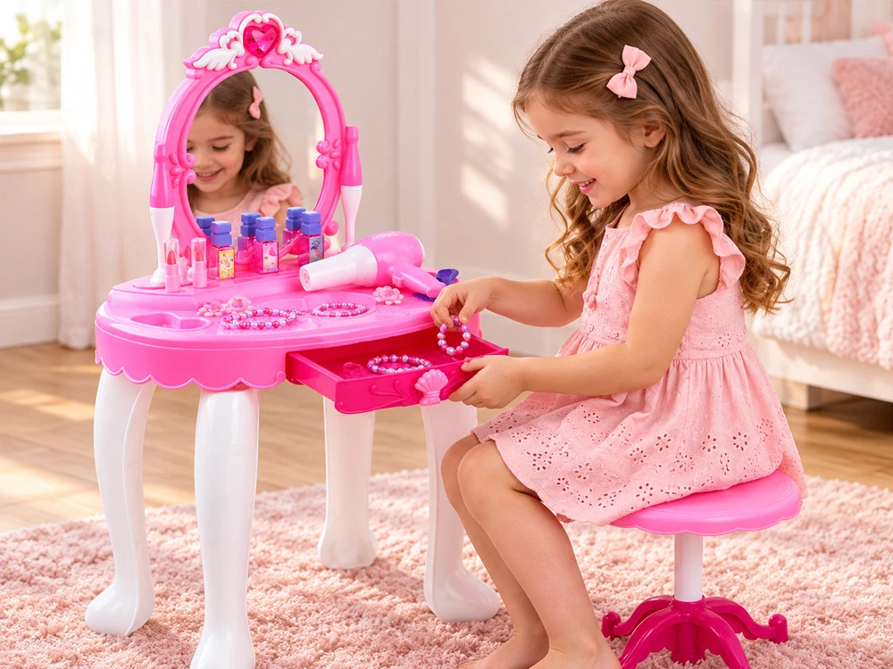 Jokomisiada Dressing table with LED mirror and chair + hairdryer, cosmetics, jewelry ZA6594