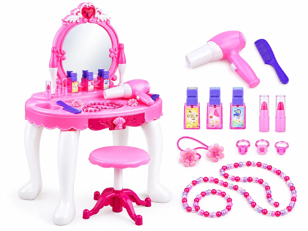 Jokomisiada Dressing table with LED mirror and chair + hairdryer, cosmetics, jewelry ZA6594