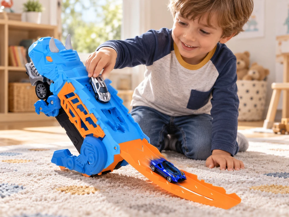 Jokomisiada Foldable car 2 in 1 DINOSAUR garage eats vehicles + signs and springs ZA6595