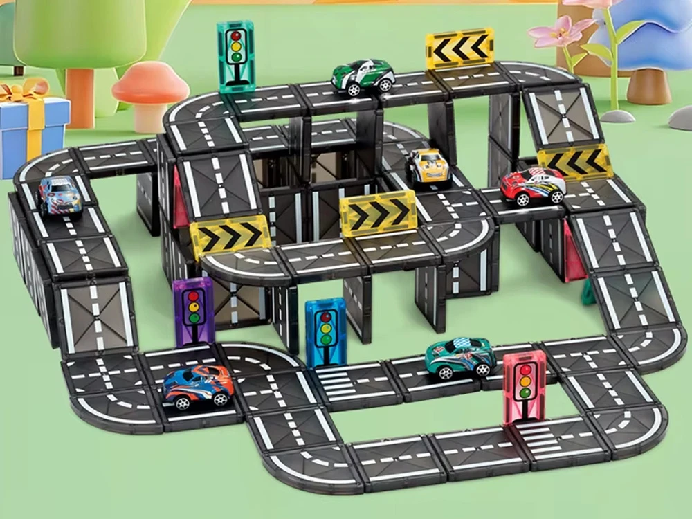 Jokomisiada Magnetic blocks CAR TRACK 168 pieces + 4 cars and road signs ZA6446