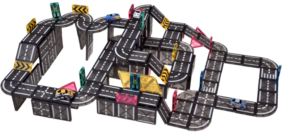 Jokomisiada Magnetic blocks CAR TRACK 168 pieces + 4 cars and road signs ZA6446