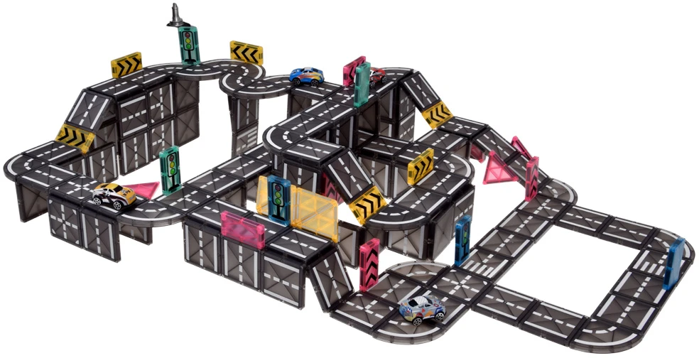 Jokomisiada Magnetic blocks CAR TRACK 168 pieces + 4 cars and road signs ZA6446