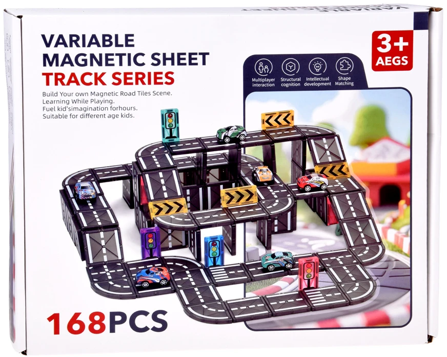 Jokomisiada Magnetic blocks CAR TRACK 168 pieces + 4 cars and road signs ZA6446