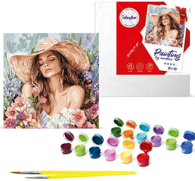 Ideyka Painting by numbers 40 x 40 cm KHO8569 Girl in a hat among flowers AP0100
