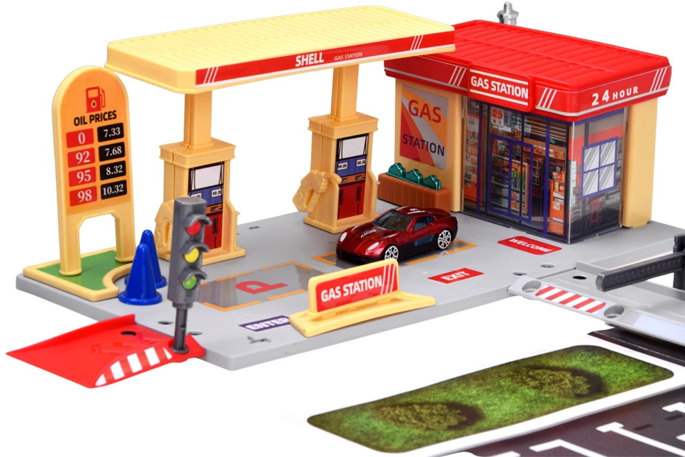 Jokomisiada Petrol Station Playset with Shop, Road, Parking Area and 2 Toy Cars ZA6282