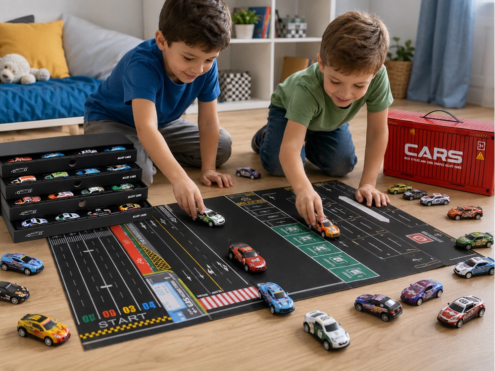 Jokomisiada Set of 48 Metal Pull-Back Cars with Parking Garage and Race Track ZA6559