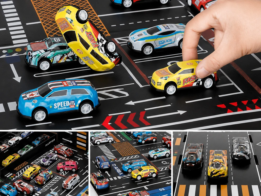 Jokomisiada Set of 48 Metal Pull-Back Cars with Parking Garage and Race Track ZA6559