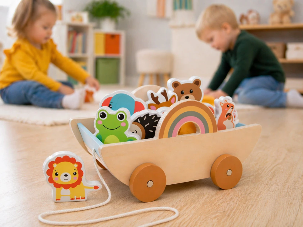 Jokomisiada Wooden cart with 7 animals to pull ZA6168