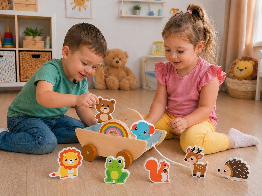 Jokomisiada Wooden cart with 7 animals to pull ZA6168