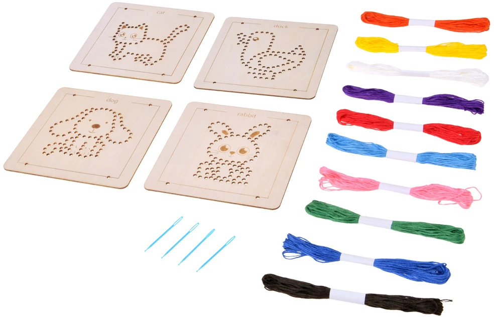 Jokomisiada Wooden Montessori Interlacing – Set of 4 Templates + Embroidery Thread ZA6543