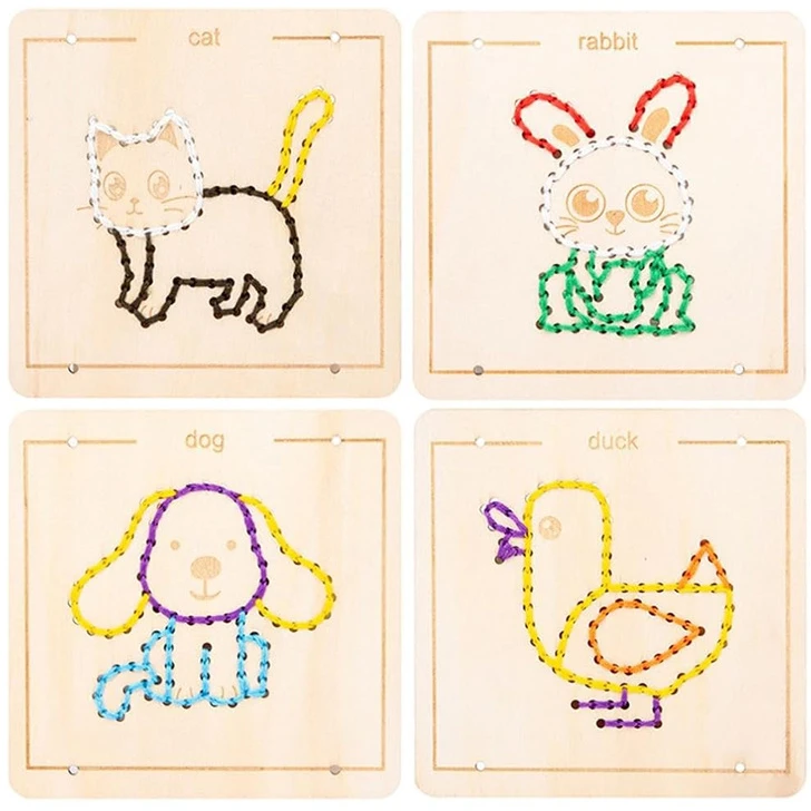 Jokomisiada Wooden Montessori Interlacing – Set of 4 Templates + Embroidery Thread ZA6543