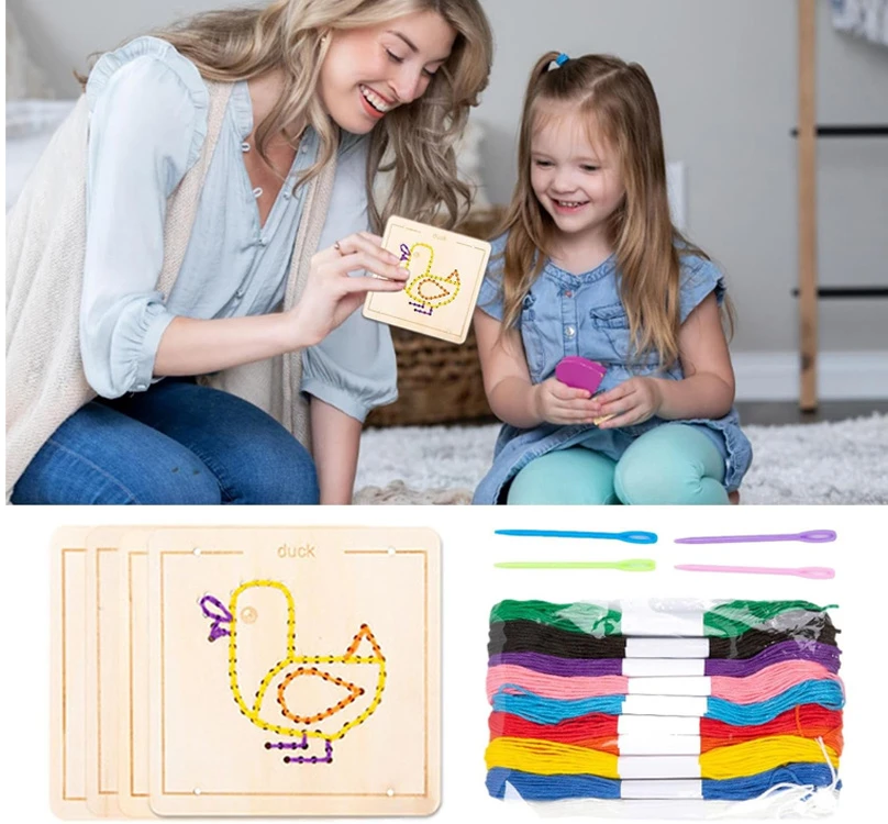 Jokomisiada Wooden Montessori Interlacing – Set of 4 Templates + Embroidery Thread ZA6543