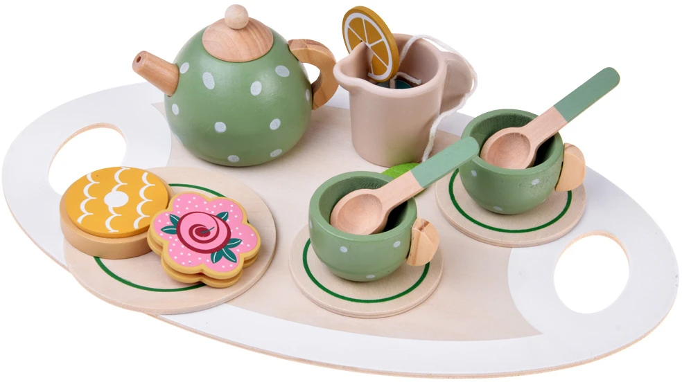 Jokomisiada Wooden tea set PISTACHIO for children, 15 accessories ZA6611
