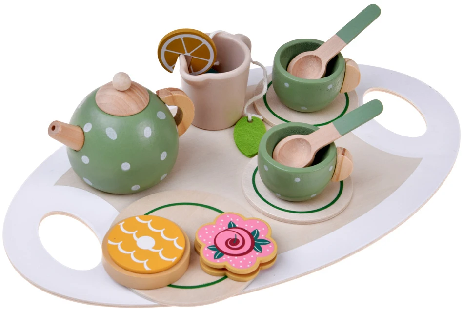 Jokomisiada Wooden tea set PISTACHIO for children, 15 accessories ZA6611