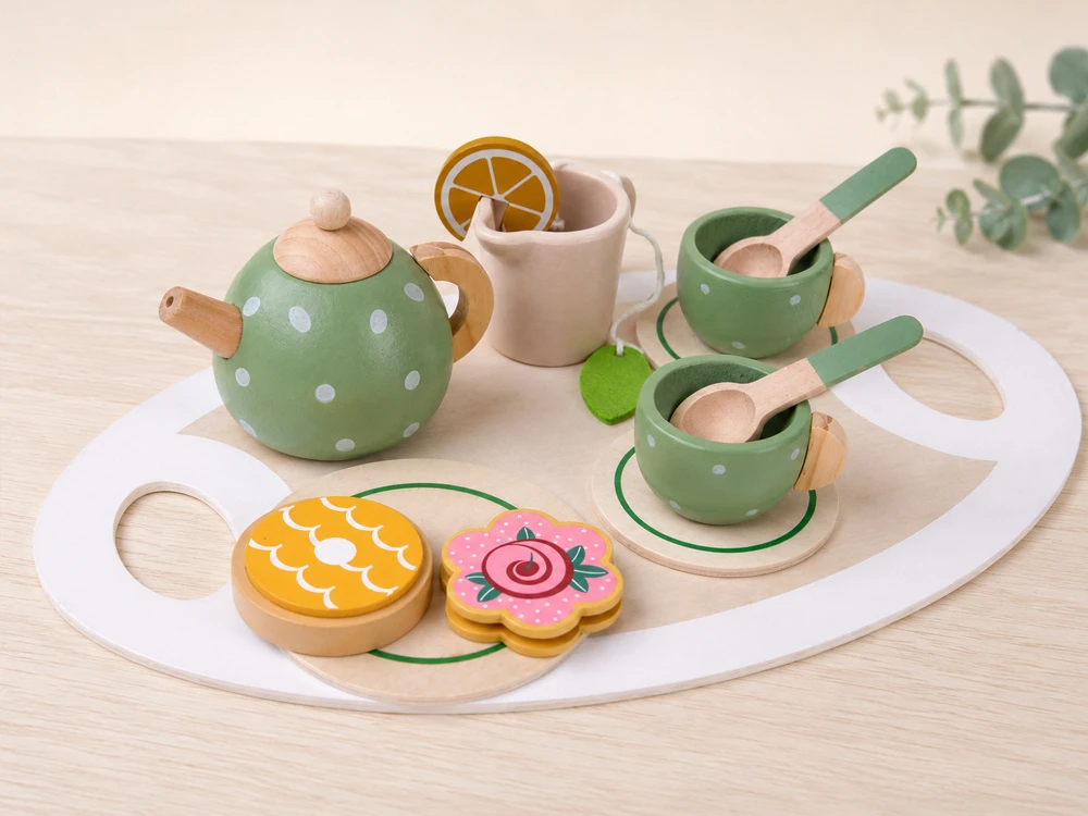 Jokomisiada Wooden tea set PISTACHIO for children, 15 accessories ZA6611