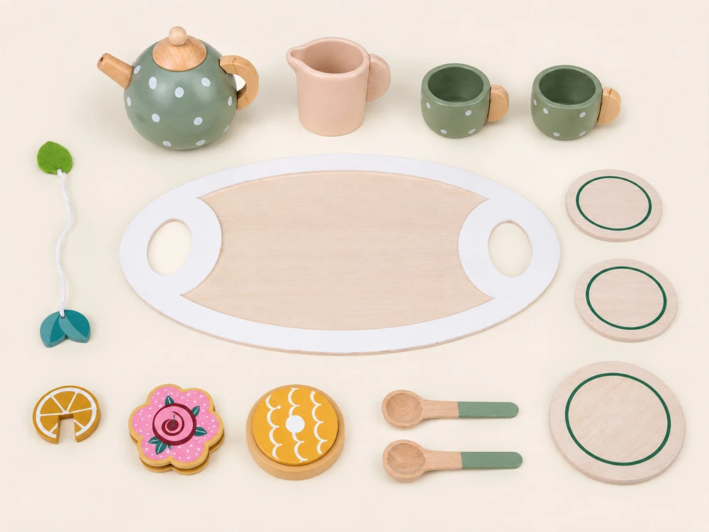 Jokomisiada Wooden tea set PISTACHIO for children, 15 accessories ZA6611