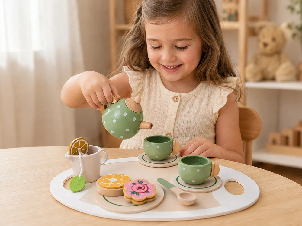 Jokomisiada Wooden tea set PISTACHIO for children, 15 accessories ZA6611