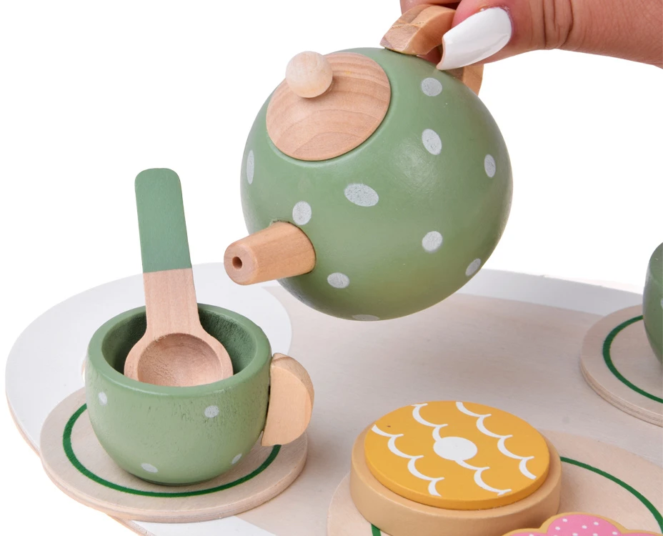 Jokomisiada Wooden tea set PISTACHIO for children, 15 accessories ZA6611