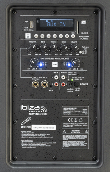Ibiza Sound PORT12UHF-MKII NEŠIOJAMA GARSO SISTEMA SU AKUMULIATORIUMI + 2X UHF BELAIDŽIAI MIKROFONAI, USB/SD/AUX/BLUETOOTH, 12''/30CM