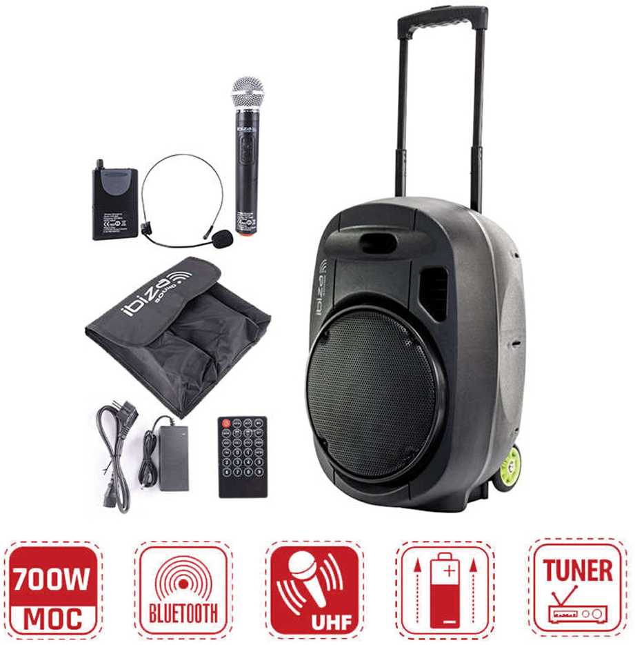 Ibiza Sound PORT12UHF-MKII NEŠIOJAMA GARSO SISTEMA SU AKUMULIATORIUMI + 2X UHF BELAIDŽIAI MIKROFONAI, USB/SD/AUX/BLUETOOTH, 12''/30CM