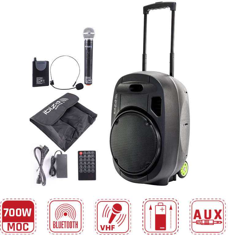 Ibiza Sound PORT12VHF-MKII NEŠIOJAMA GARSO SISTEMA SU AKUMULIATORIUMI + 2X VHF BELAIDŽIAI MIKROFONAI, USB/SD/AUX/BLUETOOTH, 12''/30CM