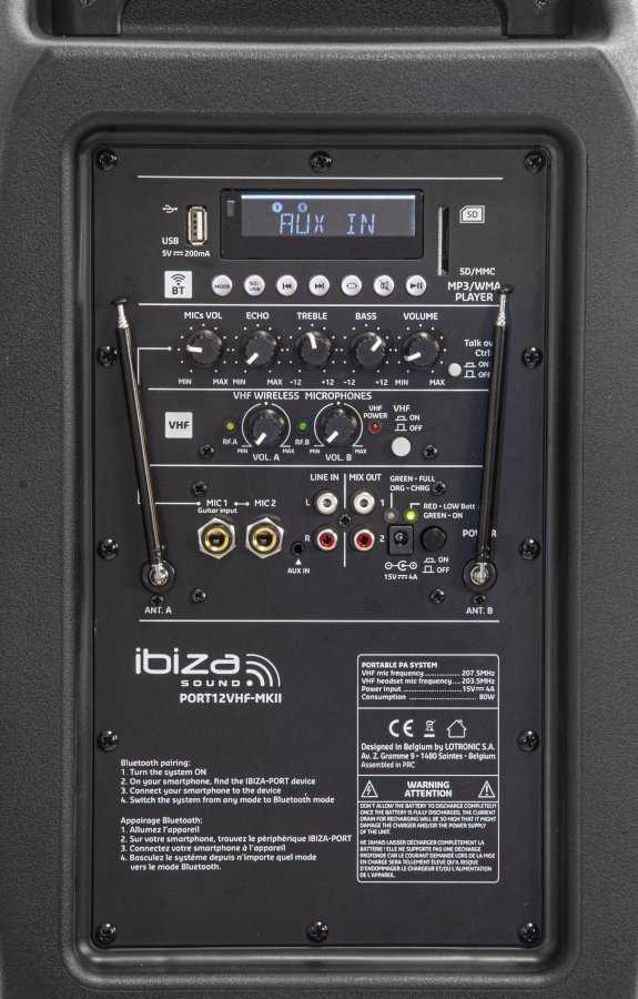 Ibiza Sound PORT12VHF-MKII NEŠIOJAMA GARSO SISTEMA SU AKUMULIATORIUMI + 2X VHF BELAIDŽIAI MIKROFONAI, USB/SD/AUX/BLUETOOTH, 12''/30CM