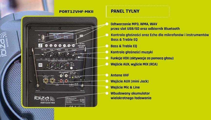 Ibiza Sound PORT12VHF-MKII NEŠIOJAMA GARSO SISTEMA SU AKUMULIATORIUMI + 2X VHF BELAIDŽIAI MIKROFONAI, USB/SD/AUX/BLUETOOTH, 12''/30CM