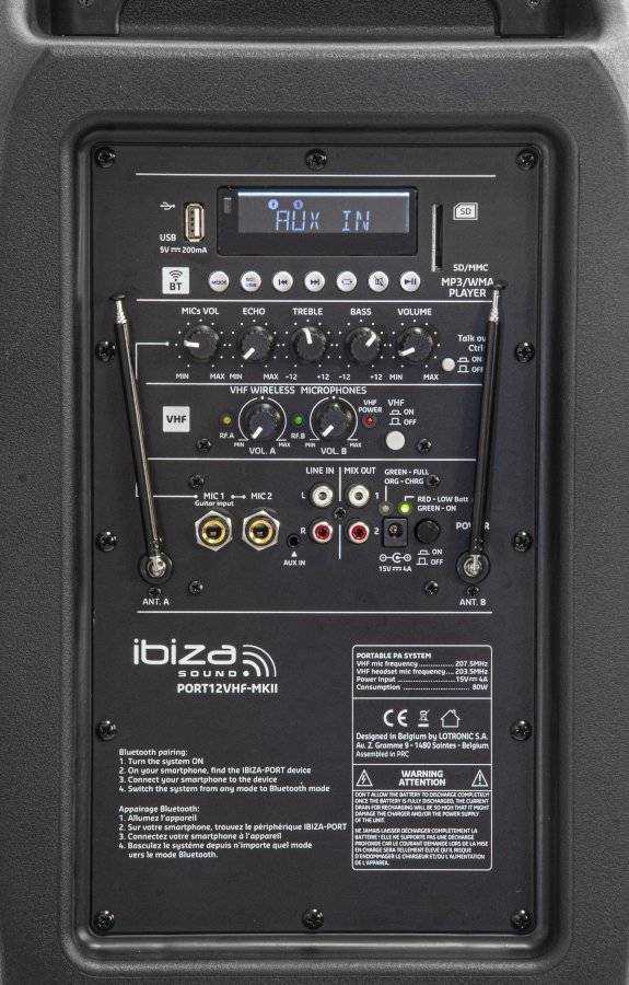 Ibiza Sound PORT12VHF-MKII NEŠIOJAMA GARSO SISTEMA SU AKUMULIATORIUMI + 2X VHF BELAIDŽIAI MIKROFONAI, USB/SD/AUX/BLUETOOTH, 12''/30CM