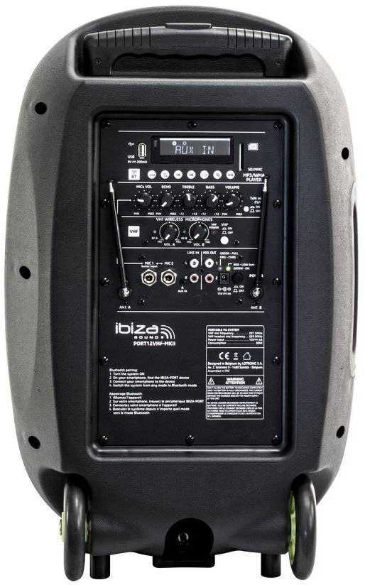 Ibiza Sound PORT12VHF-MKII NEŠIOJAMA GARSO SISTEMA SU AKUMULIATORIUMI + 2X VHF BELAIDŽIAI MIKROFONAI, USB/SD/AUX/BLUETOOTH, 12''/30CM