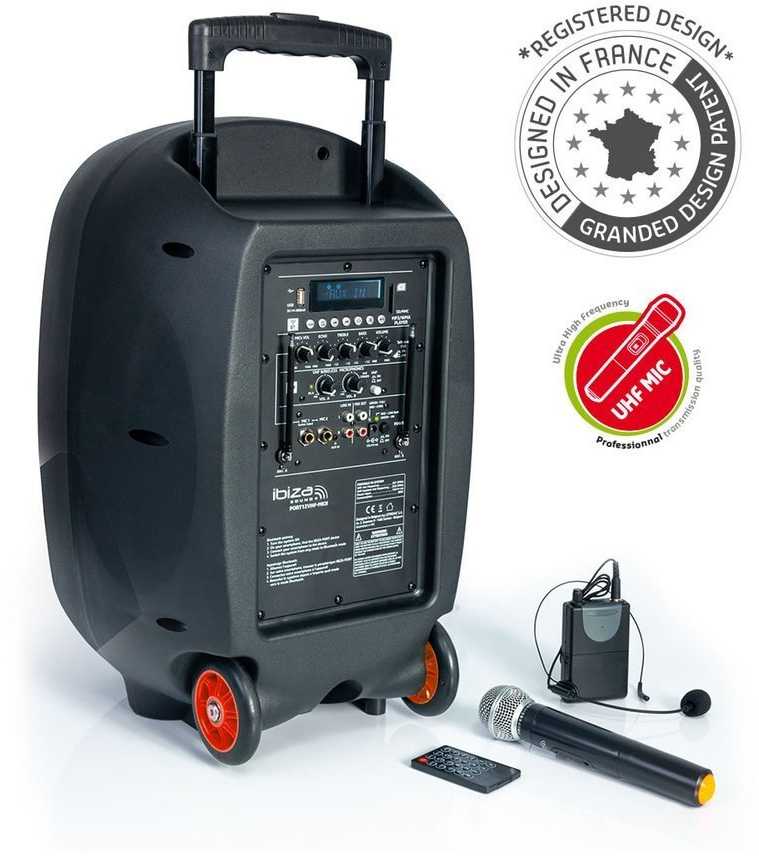 Ibiza Sound PORT15UHF-MKII NEŠIOJAMA GARSO SISTEMA SU AKUMULIATORIUMI + 2X UHF BELAIDŽIAI MIKROFONAI, USB/SD/AUX/BLUETOOTH, 15''/38CM