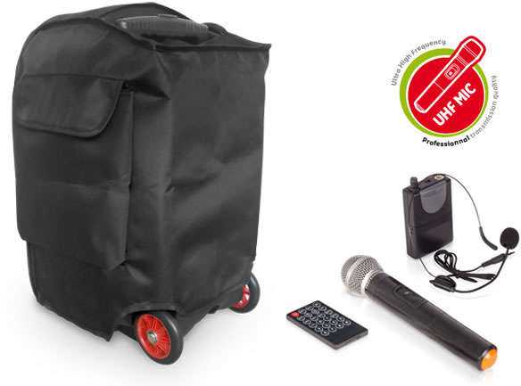 Ibiza Sound PORT15UHF-MKII NEŠIOJAMA GARSO SISTEMA SU AKUMULIATORIUMI + 2X UHF BELAIDŽIAI MIKROFONAI, USB/SD/AUX/BLUETOOTH, 15''/38CM