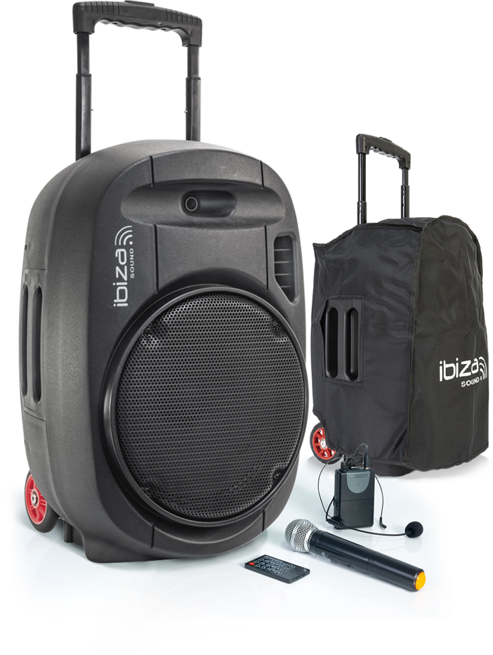 Ibiza Sound PORT15UHF-MKII NEŠIOJAMA GARSO SISTEMA SU AKUMULIATORIUMI + 2X UHF BELAIDŽIAI MIKROFONAI, USB/SD/AUX/BLUETOOTH, 15''/38CM