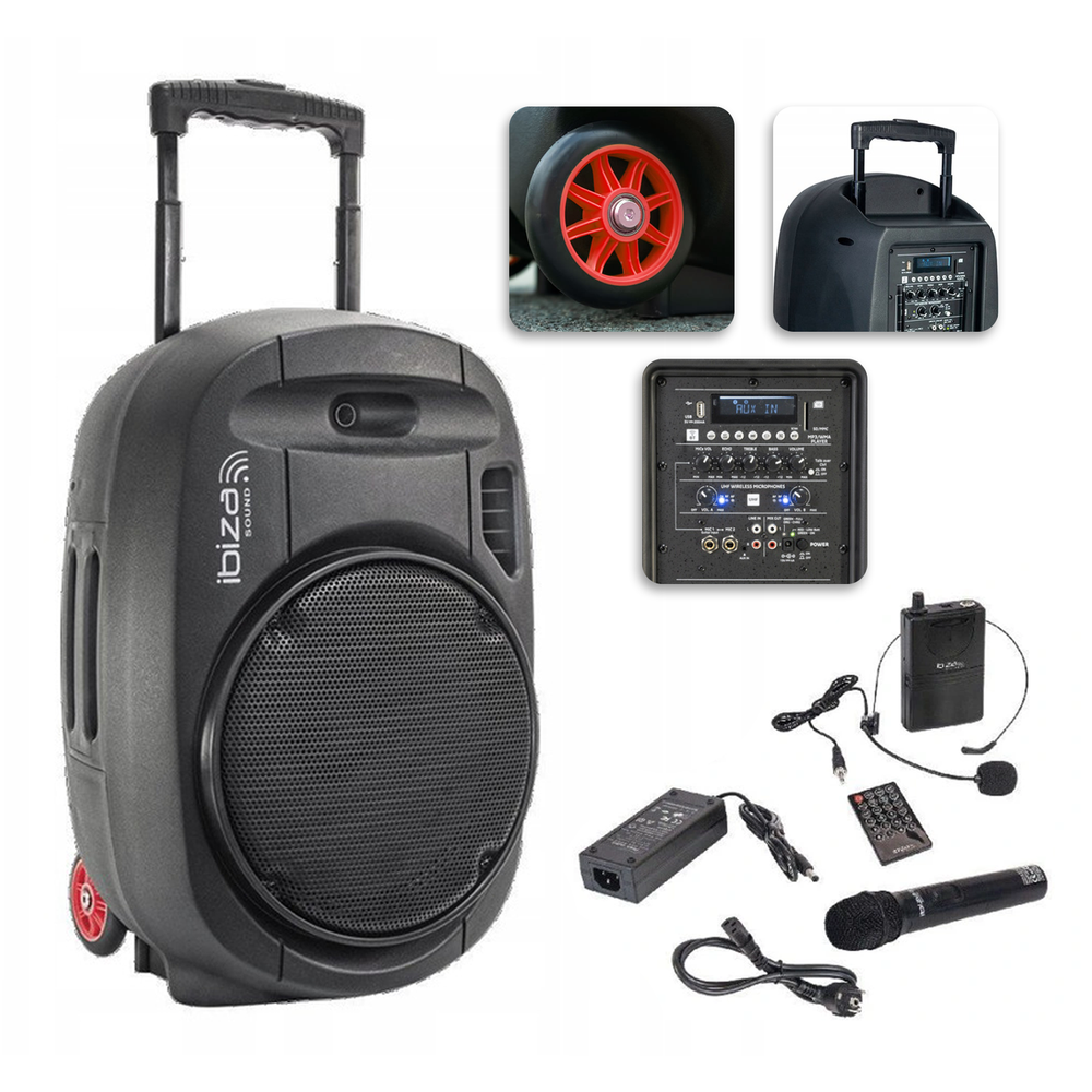 Ibiza Sound PORT15UHF-MKII NEŠIOJAMA GARSO SISTEMA SU AKUMULIATORIUMI + 2X UHF BELAIDŽIAI MIKROFONAI, USB/SD/AUX/BLUETOOTH, 15''/38CM