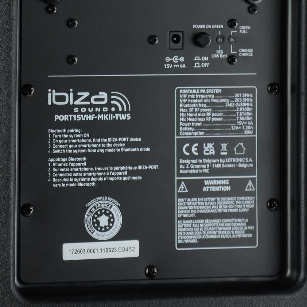 Ibiza Sound PORT15VHF-MKII NEŠIOJAMA GARSO SISTEMA SU AKUMULIATORIUMI + 2X VHF BELAIDŽIAI MIKROFONAI, USB/SD/AUX/BLUETOOTH, 15′′/38CM
