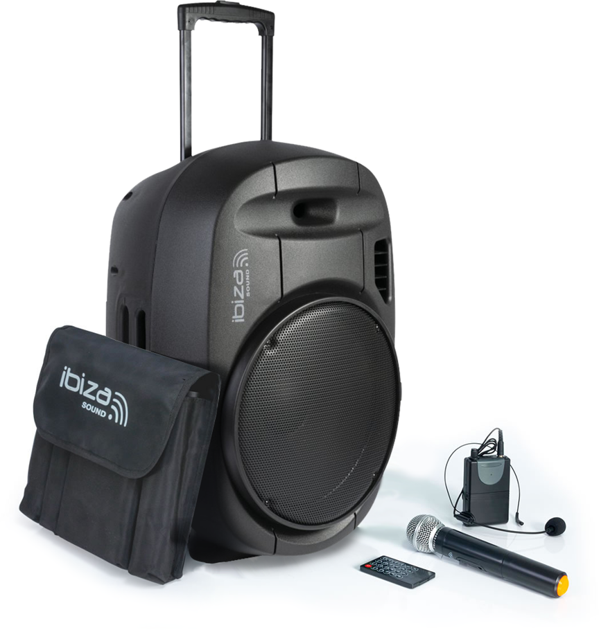 Ibiza Sound PORT15VHF-MKII NEŠIOJAMA GARSO SISTEMA SU AKUMULIATORIUMI + 2X VHF BELAIDŽIAI MIKROFONAI, USB/SD/AUX/BLUETOOTH, 15′′/38CM