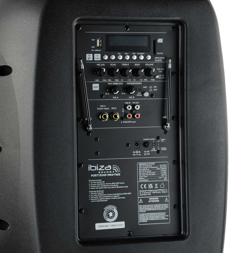 Ibiza Sound PORT15VHF-MKII NEŠIOJAMA GARSO SISTEMA SU AKUMULIATORIUMI + 2X VHF BELAIDŽIAI MIKROFONAI, USB/SD/AUX/BLUETOOTH, 15′′/38CM