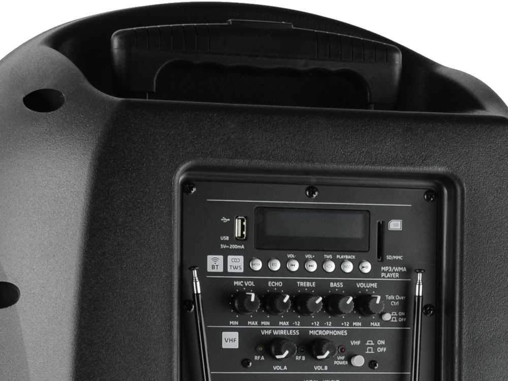 Ibiza Sound PORT15VHF-MKII NEŠIOJAMA GARSO SISTEMA SU AKUMULIATORIUMI + 2X VHF BELAIDŽIAI MIKROFONAI, USB/SD/AUX/BLUETOOTH, 15′′/38CM