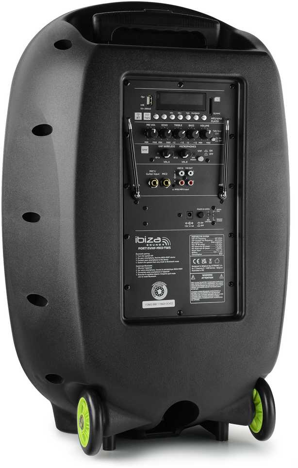 Ibiza Sound PORT15VHF-MKII NEŠIOJAMA GARSO SISTEMA SU AKUMULIATORIUMI + 2X VHF BELAIDŽIAI MIKROFONAI, USB/SD/AUX/BLUETOOTH, 15′′/38CM